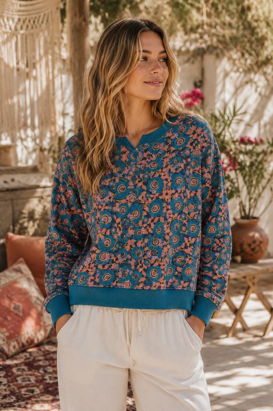 Natural Life Floral Sweatshirt Large Blue Pink Pullover Cozy Boho Cottagecore